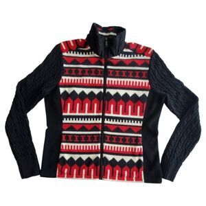 Lauren Ralph Lauren Geometric Print Fleece & Cable Knit Sweater Size L
